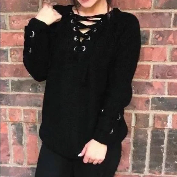 Love + Harmony V-Neck Long Sleeve Lace Up Sweater Cable Knit Black XS/S - Picture 2 of 9